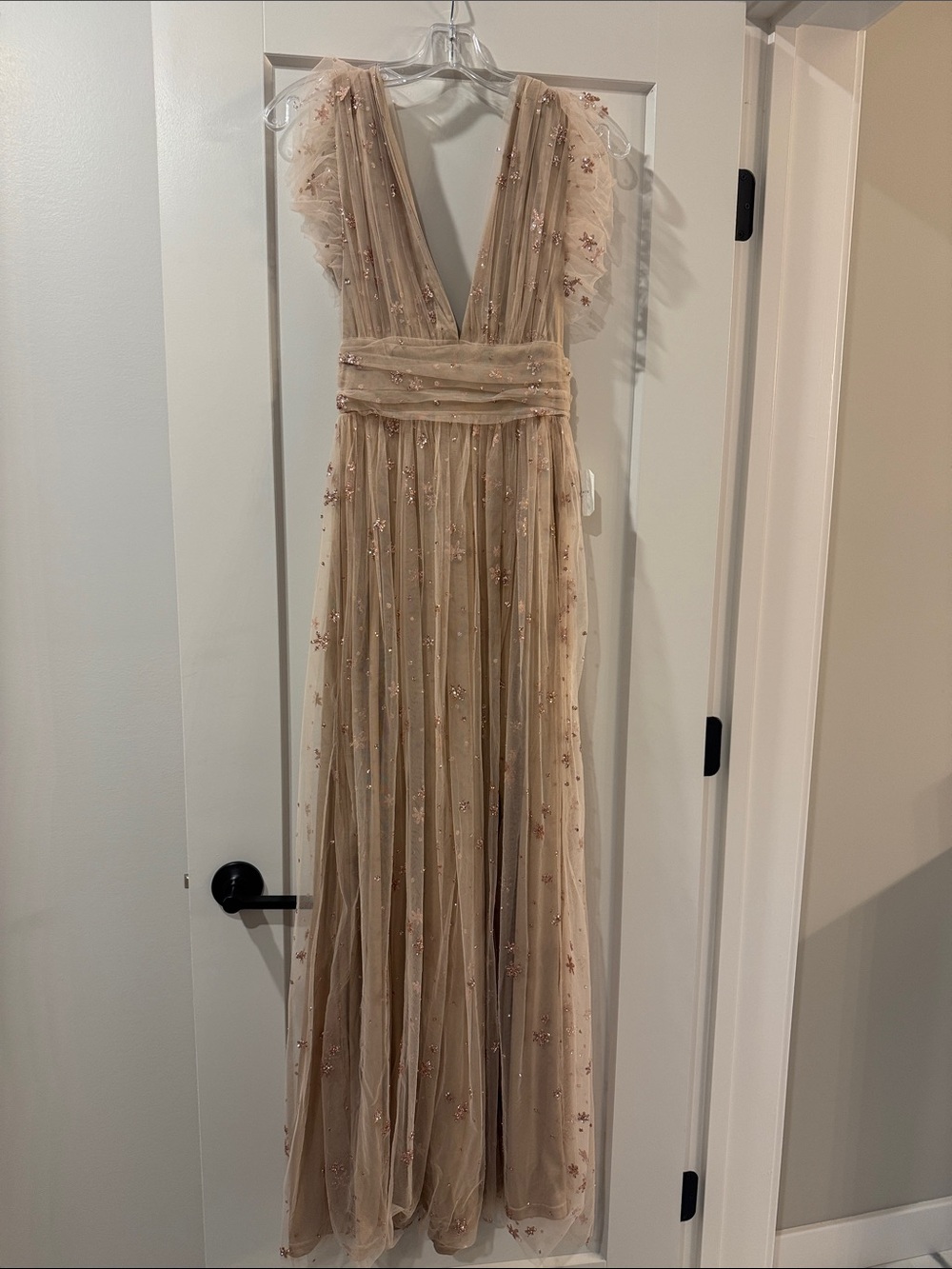 Altar'd State Champagne Beige Embellished Tulle Maxi Dress